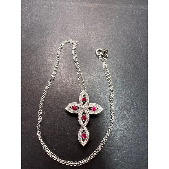 Lab ruby and CZ cross pendant and chain in rhodium over sterling silver - Picture 4 of 11